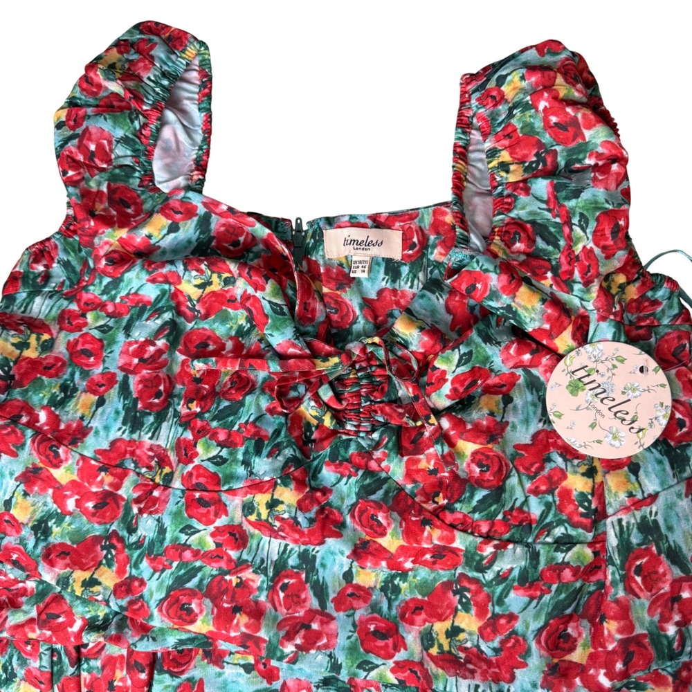 Timeless‎ London Poppy Floral Dress Womens 14 Red Teal New Fit & Flare Midi